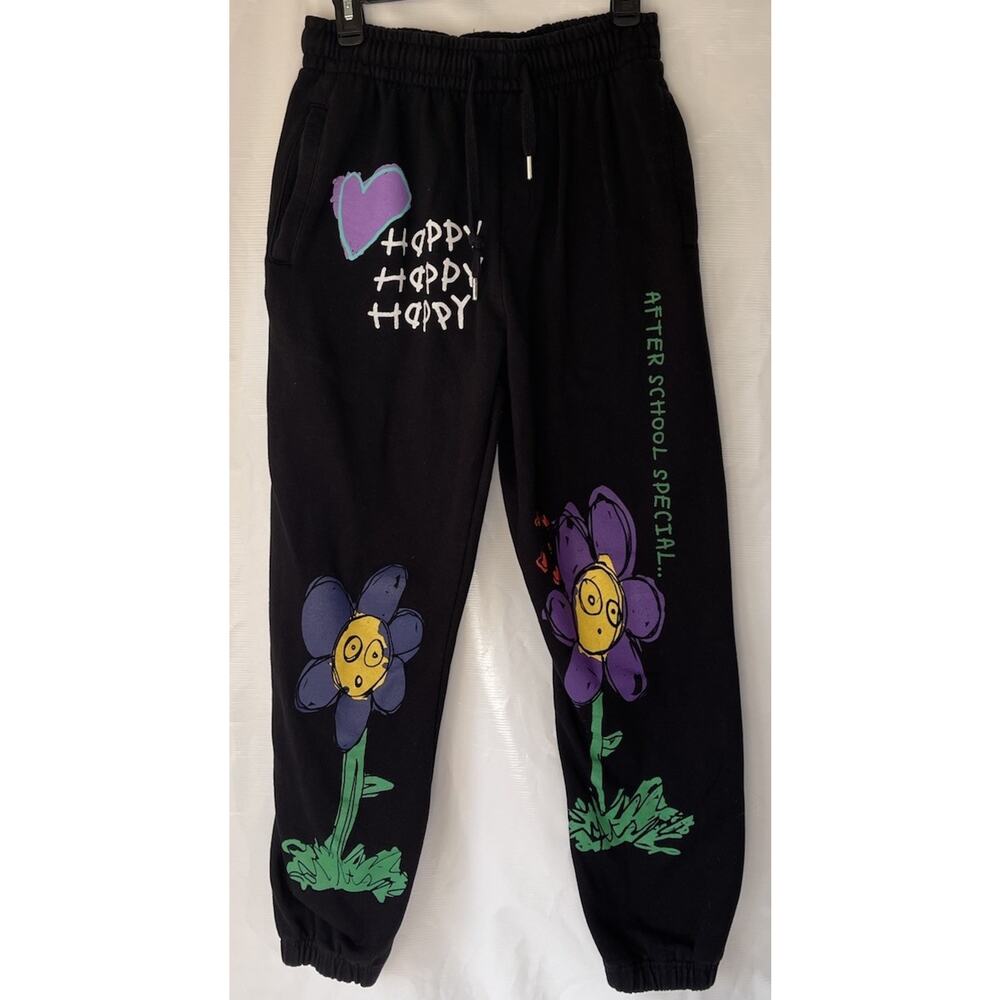 After School Special Black Sweatpants Flower Design Graphic Happy S USA
